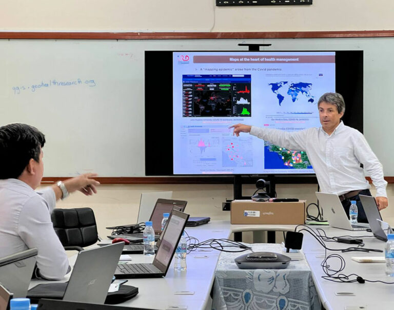 Dr. Samuth (RUA) is having a discussion with Dr. Vincent regarding the essential component of map to visualize the data.