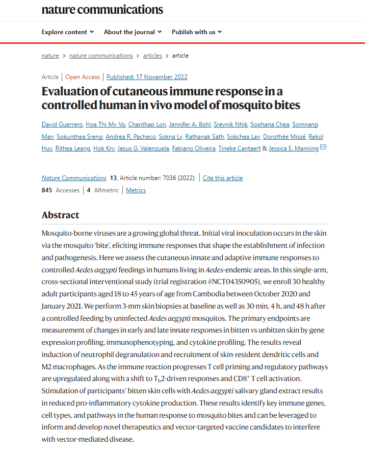 Study on cutaneous immune response to mosquito bites